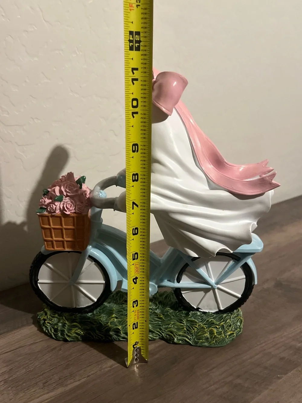 Girl Ghost on Blue Bike with Pink Bow & Basket of Flowers Figurine Halloween